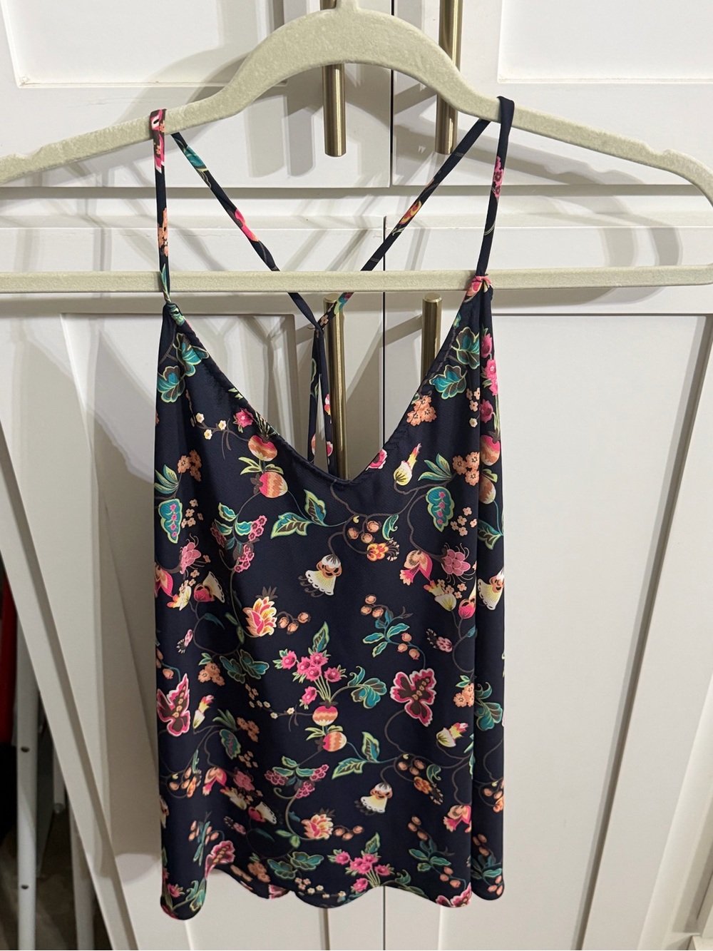Ovi Navy Floral Satin Cami with Spaghetti Straps